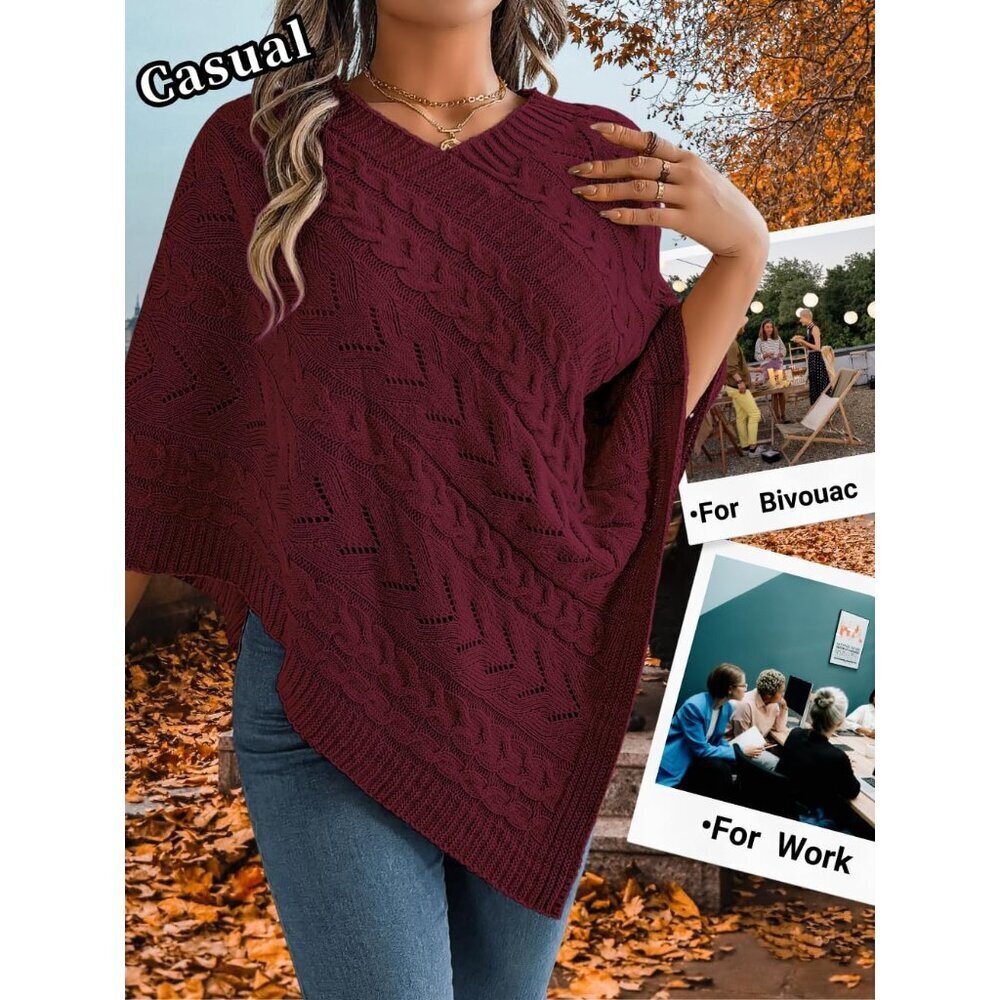 Women Knit Poncho Sweater Irregular Hollow Out Cape Top Casual Fall Winter - Picture 4 of 7